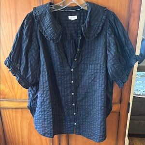 Pilcro Black Textured Button-Down Short Sleeve Blouse